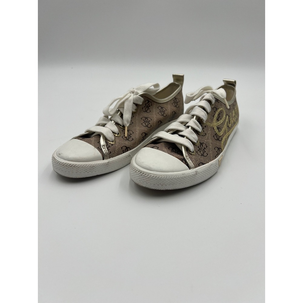 Guess Heritage Low Sneakers Womens 5.5 Brown Monogram Gold Logo 66301J